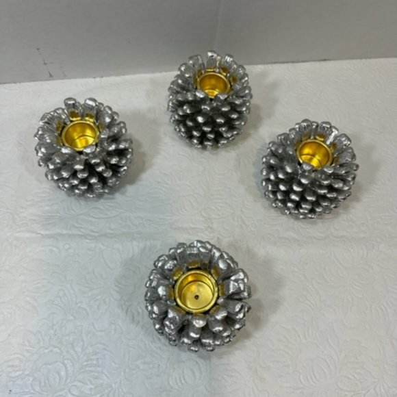 4 Silvertone Metallic Pine Cone Candle Holders Holiday Christmas Decoration - Picture 2 of 6
